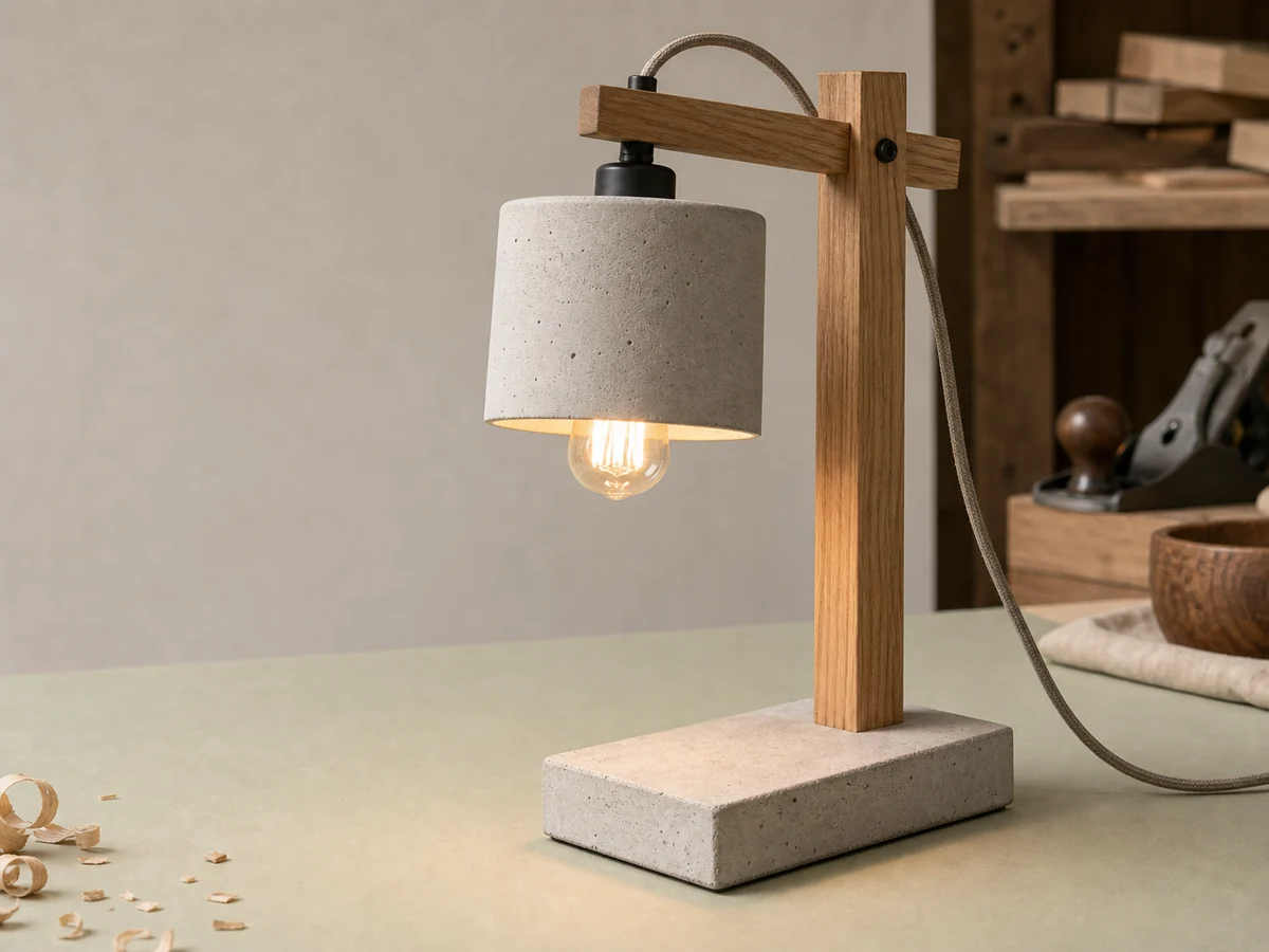 Concrete and oak lamp on a workshop tabletop