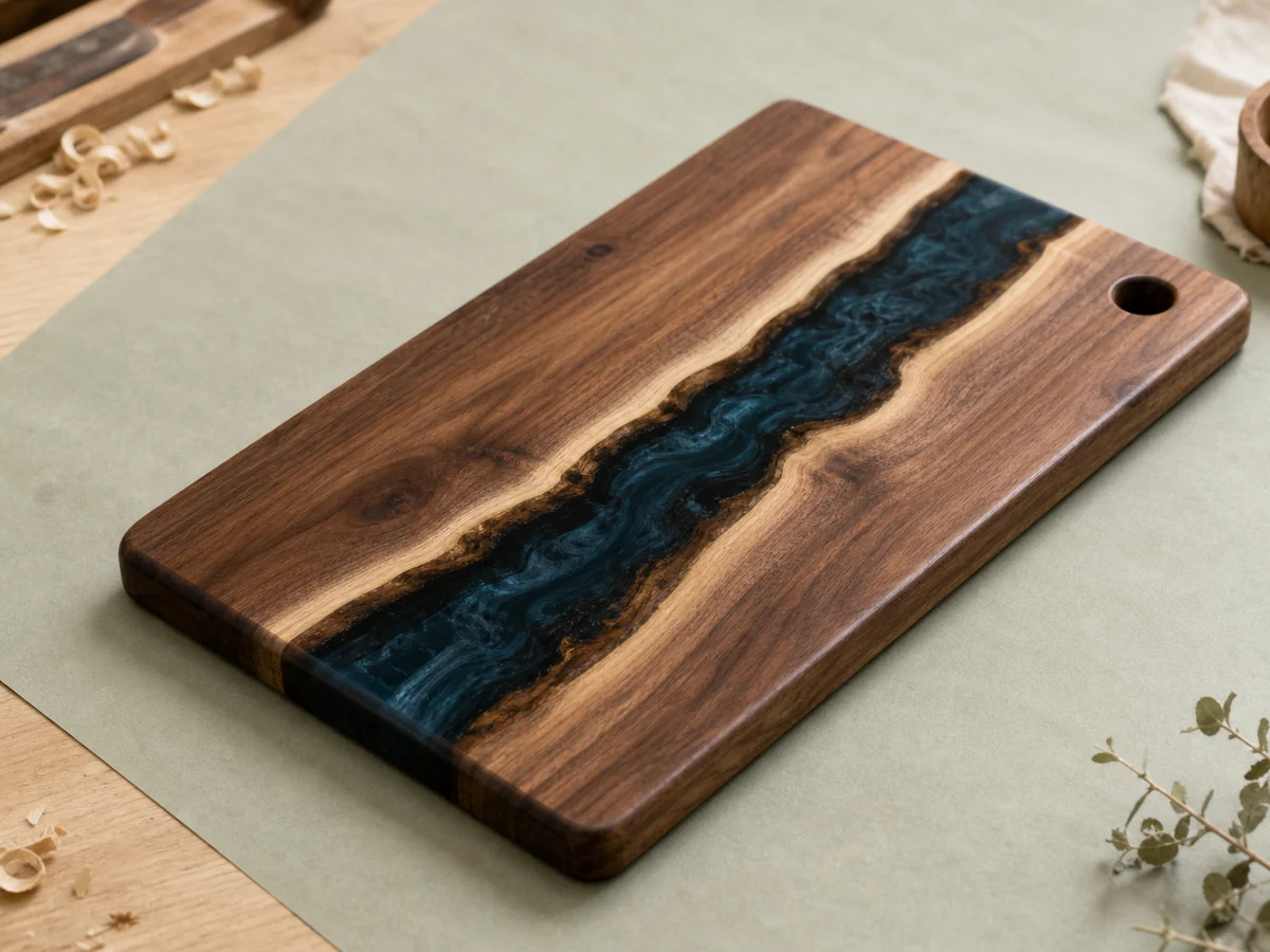 Epoxy river meat board on a workshop tabletop