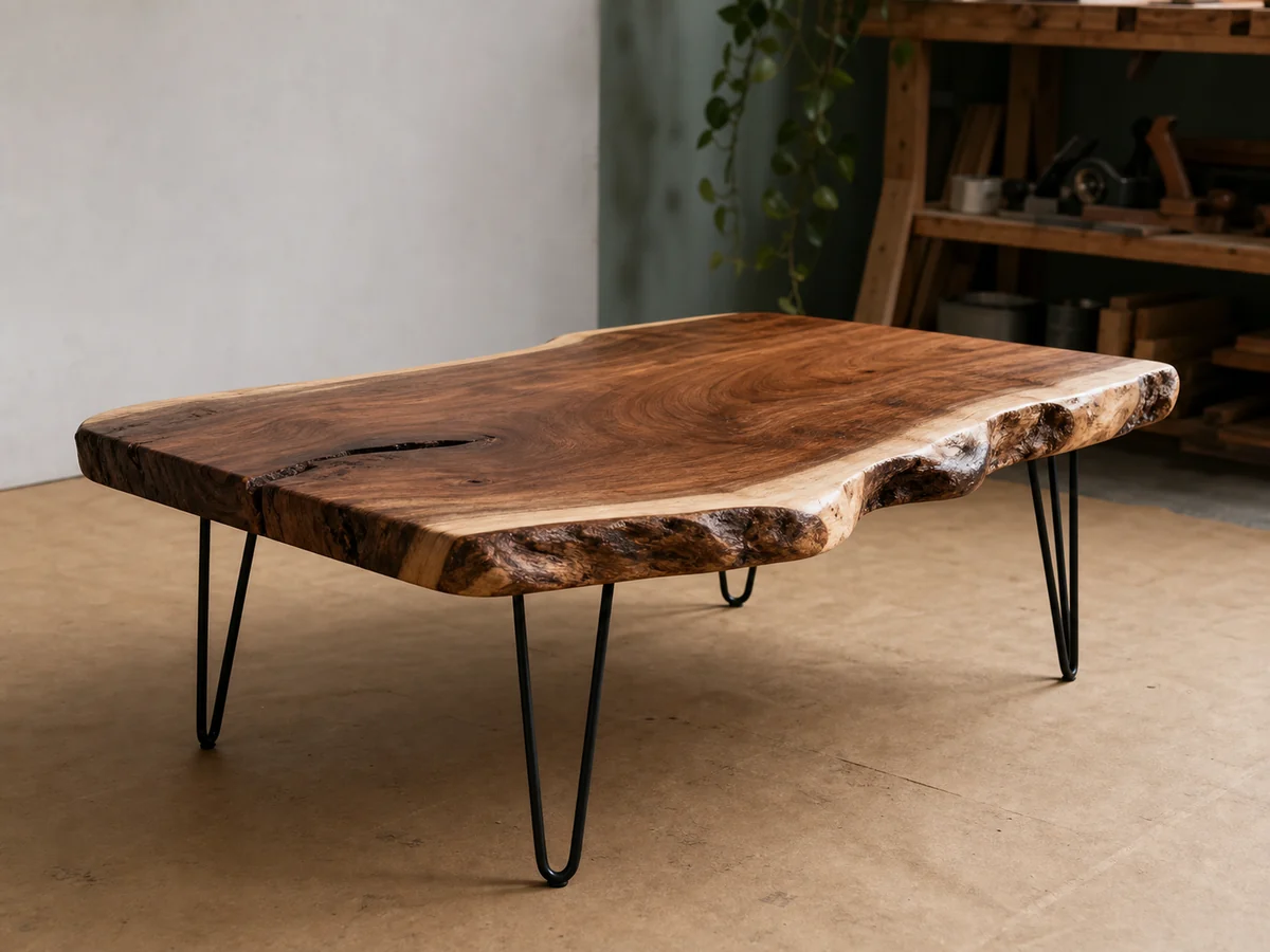 Live-edge coffee table in a workshop studio