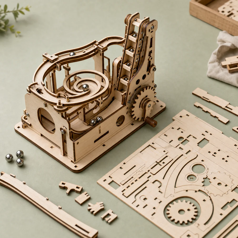 Wooden marble run machine kit on a tabletop