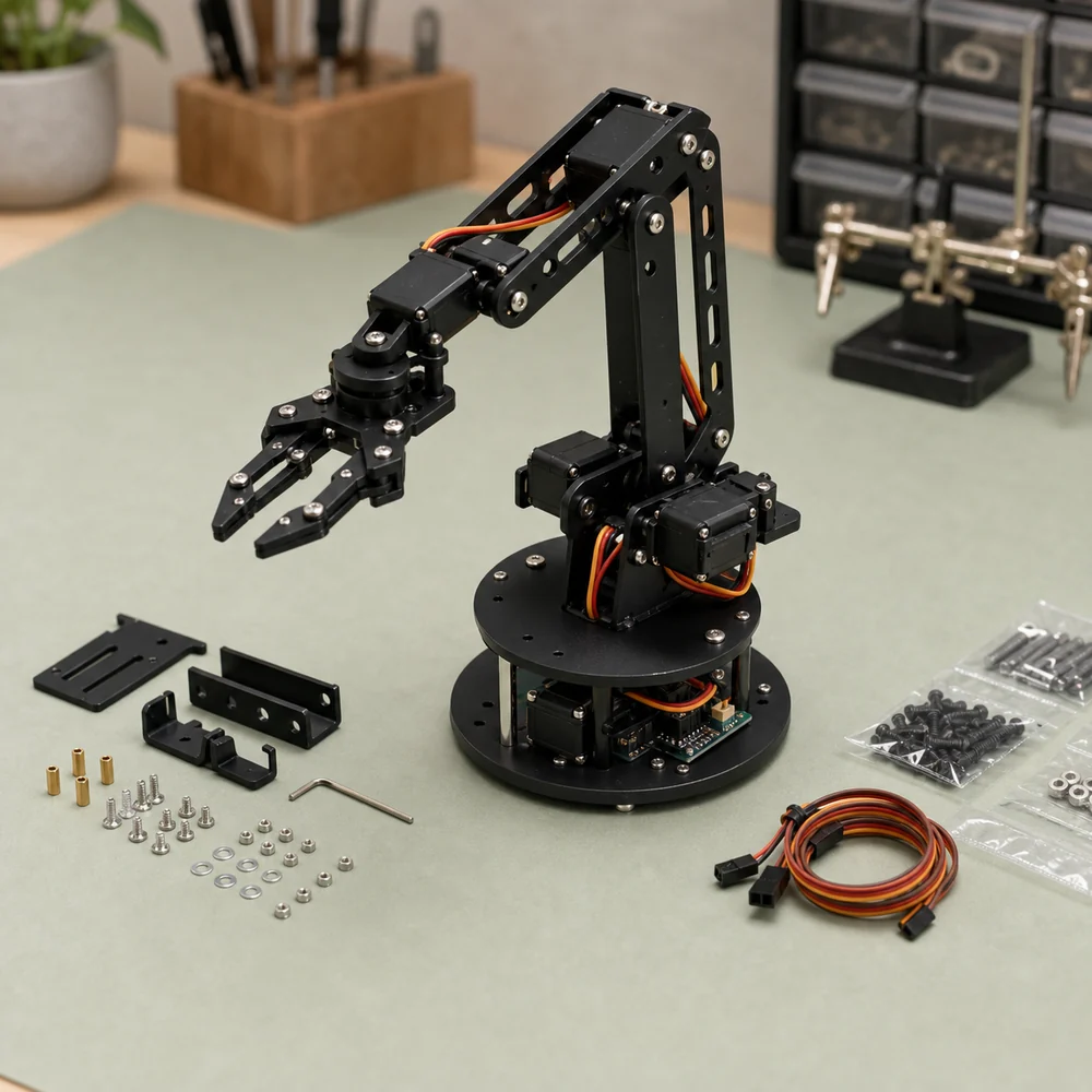 Robotic arm kit on an electronics workbench